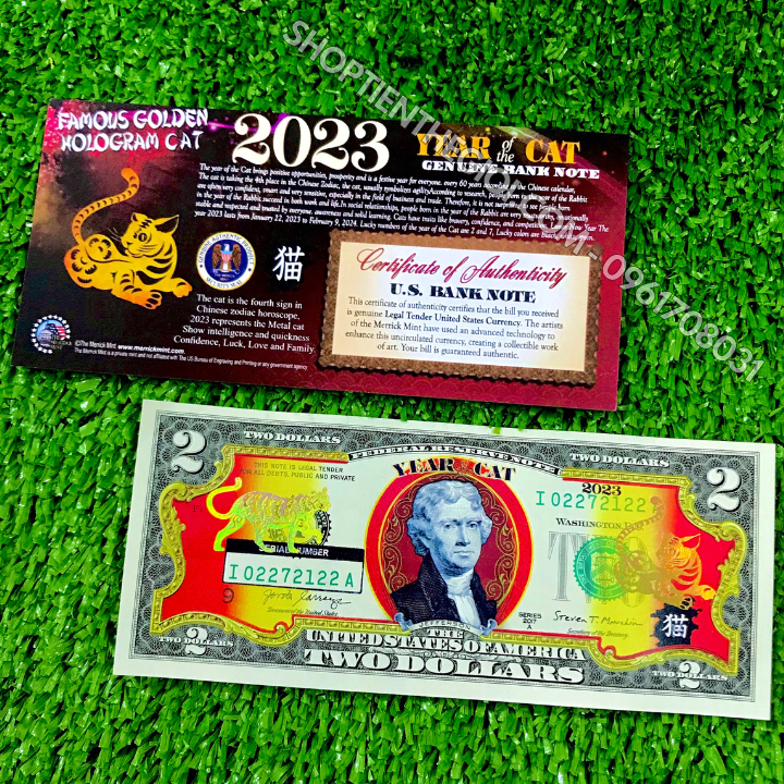 Tiền 2 USD Hình Con Mèo Mạ Vàng 2023 (Mẫu 1 Mèo Nằm)